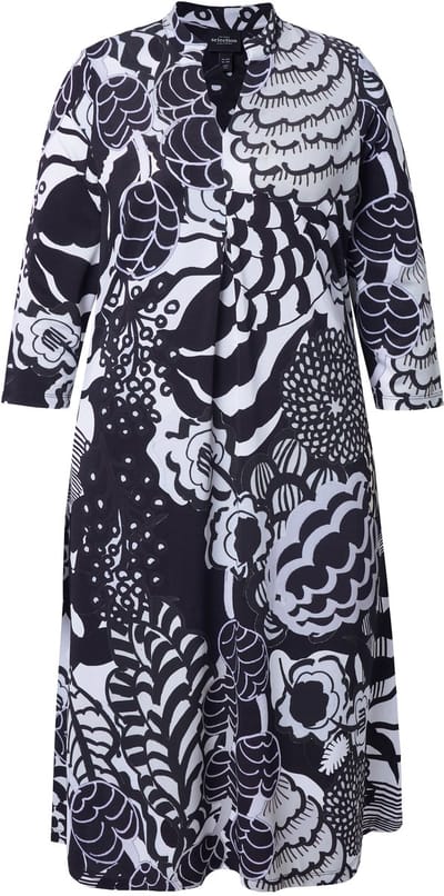 Ulla Popken - Dames - Slinky jurk grafisch design V-hals 3/4-mouwen - Sneeuwwit - Maat 42+