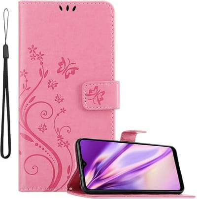 Cadorabo Hoesje geschikt voor Samsung Galaxy A20s in BLOEMEN ROZE - Beschermhoes in bloemmotief met magnetische sluiting, standfunctie en kaartsleuven Book Case Cover Etui