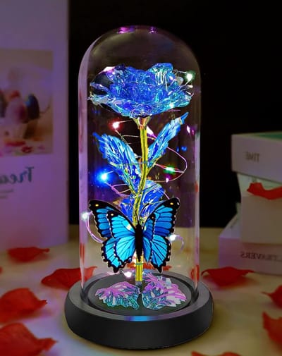 Glazen Koepel Roos - Bloem Decoratie - Romantisch Cadeau - Met LED Licht - Blauwe Vlinder