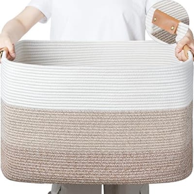 Thijox - Opbergmand 50 liter - Katoenen Mand voor Babyspeelgoed, Dekens, Kussens, Gastendoekjes - Wit en Bruin met Leren Handgrepen