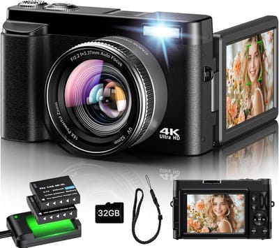 Digitale Camera 4K – 48MP – Autofocus – 16x Zoom – 180° Flipscherm – Vlogcamera – 2 Batterijen – Oplaadstation – 32GB – Beginners