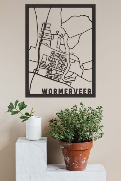 Houten Stadskaart Wormerveer Zwart Mdf 30x40cm Wanddecoratie Voor Aan De Muur City Shapes