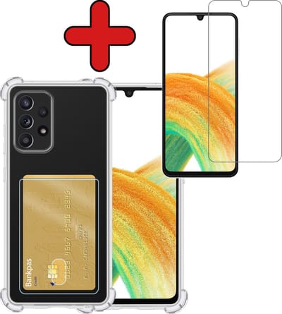Hoesje - Geschikt voor Samsung Galaxy A33 - Met Screenprotector - Pashouder - Kaarthouder - Back Cover - Telefoon Hoes Shockproof - Siliconen Case - Shock Proof - Pasjes Houder - Telefoonhoes - Transparant
