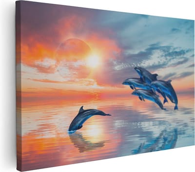 Artaza Canvas Schilderij Zonsondergang Zee - 30x20 cm - Klein - Muurdecoratie Dolfijnen - Wanddecoratie Strand - Kamer Accessoires Woonkamer