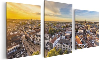 Artaza Canvas Schilderij Drieluik Groningen Skyline Stad bij Zonsondergang - 120x60 cm - Wanddecoratie Woonkamer - Schilderijen - Muurdecoratie