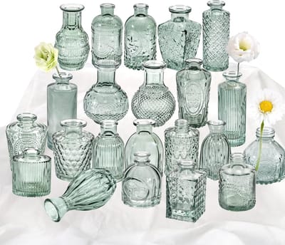 Glazen Vaasjes Set - Mini Vaasjes - Bloemen Decoratie - Vintage Rustiek Design - 22 Stuks - Groen