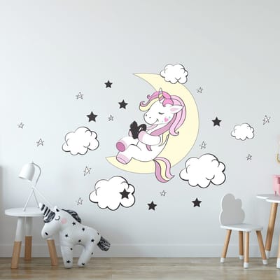 Muurstickers - Eenhoornvriend van de Maan en de Sterren - Zelfklevende stickers - 105x70cm