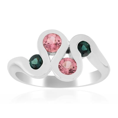 Cavill - Ring 925 Sterling Zilver met 0,44 ct Braziliaanse Roze Toermalijn en Indigoliet - Palladiumglans - Elegante Ronde Edelsteen - Maat 16