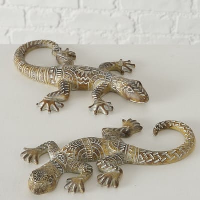 Gekko - Hagedis - Beeld - Decoratie - 2 set - 22x16x3cm - Bruin - wit - Polyresin