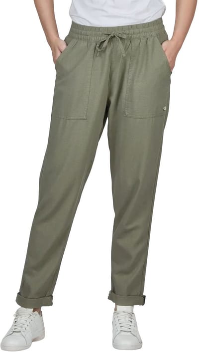 DENIMFY Dames Chino Broek DFLinda regular/straight Olijf L Volwassenen dames linnen broek / zomerbroek