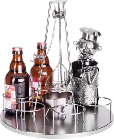 BRUBAKER Flessenhouder, grillmeester met zwenkgrill, metalen sculptuur met wenskaart