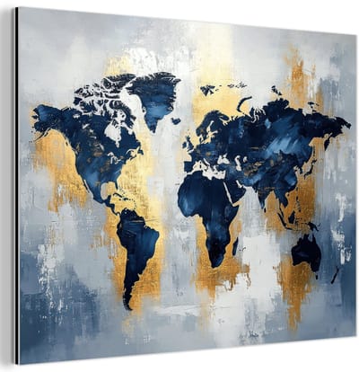 Aluminium schilderij 120x90 cm - Wanddecoratie metaal - Wereldkaart - Blauw - Abstract - Metalen muurdecoratie woonkamer - Decoratie industrieel - Foto op dibond - Industriële accessoires slaapkamer