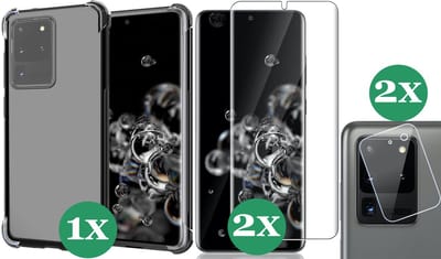 Hoesje geschikt voor Samsung Galaxy S20 Ultra - 2x Screenprotector & 2x Camera Screen Protector - Transparant Shock Case