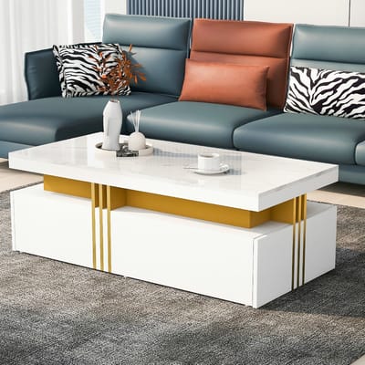 VVBV Salontafel met Hoogglans Marmerlook – 100x50x40 cm – Moderne Rechthoekige Tafel met 2 Houten Lades – Witte Bijzettafel met Gouden Rand