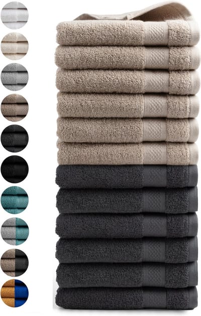 DoubleDry Handdoeken 50 x 100 - set van 12 - Hotel kwaliteit 500 g/m2 - 6x BeigeTaupe & 6x Antraciet