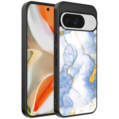 Geschikt voor Google Pixel 9 Pro XL Telefoonhoesje met Lichtblauw Goud Marmer Opdruk - TPU Backcover Case Lightblue Gold Marble Design - Smartphonica geschikt voor Google Pixel 9 Pro XL