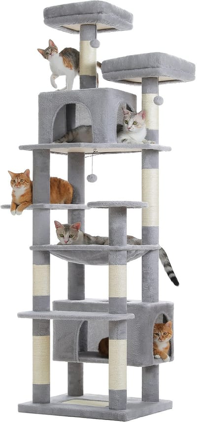 Kattenu MeowMansion XL - Krabpaal voor grote katten - Grijs - Grote krabpaal voor zware katten - 205 cm hoog - Katten krabpaal