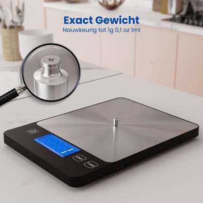 SNJY® Weegschaal Keuken - Mini Weegschaal - Precisie Weegschaal - Tot 15 KG - 1g Precisie - Zwart/Zilver