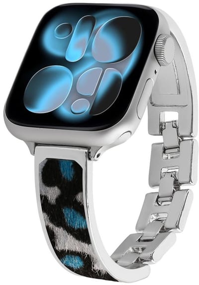 RVS bandje met luipaard patroon - geschikt voor Apple Watch 1/2/3/4/5/6/7/8/9/10/11/ SE (1,2,3) met maat 38 mm / 40 mm / 41 mm en 42 mm (Watch 10/11) - luxe schakelbandje - zilver blauw