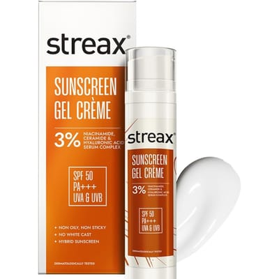 Streax Écran Solaire Gel Crème SPF 50 PA+++ 50g Infusé de Sérum Hydratant Éclaircissant Non Gras Protection Visage orange