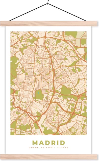 Posterhanger incl. Poster 40x60 cm - Schoolplaat - Madrid - Vintage - Stadskaart - Plattegrond - Kaart - Textielposter - Blanke latten - Stadskaart