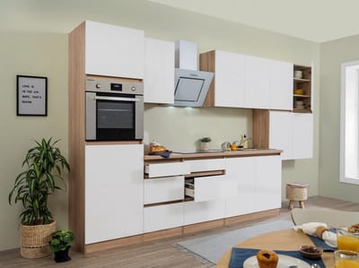 Goedkope keuken 370 cm - complete keuken met apparatuur Lorena - Eiken/Wit - soft close - keramische kookplaat - afzuigkap - oven - spoelbak