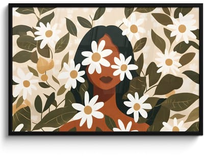 Poster in lijst - Fotolijst 120x80 cm - Posters - Illustratie - Vrouw - Madeliefjes - Wit - Posterlijst zwart - Decoratie - Wanddecoratie woonkamer - Muurdecoratie slaapkamer