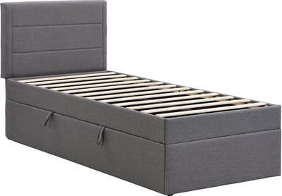 Gestoffeerd bed, 90 x 200 cm, eenpersoonsbed, metalen frame, lattenbodem, grote opbergruimte, matras niet inbegrepen, grijs, 200 x 90 cm.