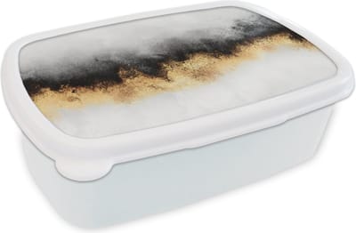 Broodtrommel Wit - Lunchbox Goud - Chic - Abstract - Zwart - Wit - Luxe - Brooddoos 18x12x6 cm - Brood lunch box - Broodtrommels voor kinderen en volwassenen