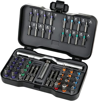 Complete ratelschroevendraaierset met 50-in-1 S2-stalen bits, magnetische schroevendraaier voor precisiewerk, ideaal voor meubelmontage en fietsgereedschap