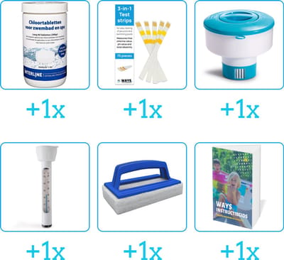 Zwembad Onderhoudspakket - Onderhoud Zwembad - bevat Chloor - Testrips - Chloordrijver - Thermometer - Scrubborstel en Zwembadgids (6-delig)