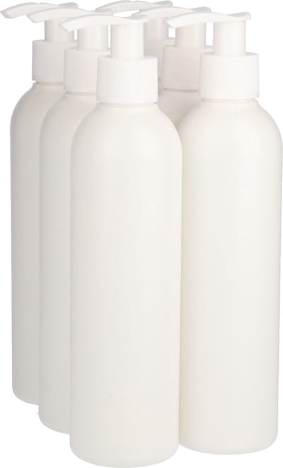 6 x Gerecyclede Plastic Fles 250 ml Dispenserpomp Wit - Rond- Gerecycled HDPE Kunststof - Onbreekbaar - ca. 70% minder Co2 uitstoot door gerecycled materiaal - 6 stuks
