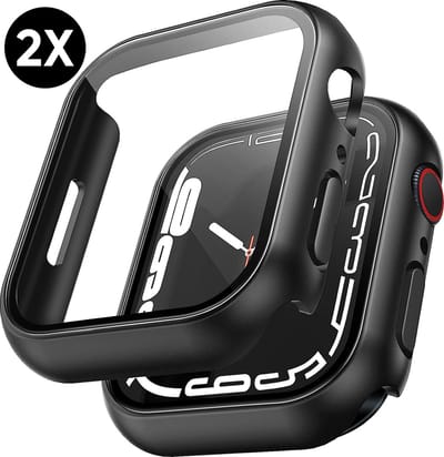 Hoesje geschikt voor Apple Watch Serie 7 / 8 / 9 - 41 mm Screen Protector - 2 Stuks - Full Cover Hard Case - Zwart - Podec
