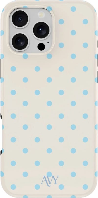 AVY Hoesje geschikt voor Apple iPhone 16 Pro | Riviera Dots | Polka Dots | Beige & Blauw | Hard Shell Back Cover | Compatibel met MagSafe & Qi2