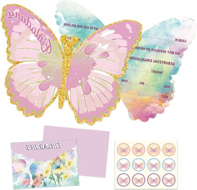 12 Stuks Vlinder Uitnodigingskaarten voor Feesten, Verjaardagsuitnodigingen voor Kinderen, Creatieve en Kleurrijke Kaarten