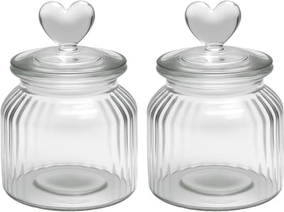 Set van 2 Opbergpotten van 650 ml met Hartdeksel, Vintage Glazen Potten voor Snoep, Koekjes en Decoratie in de Keuken