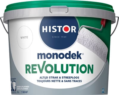Histor Monodek Revolution – Muurverf Binnen Mat – Altijd Strak & Streeploos – Optimale Dekking – Afwasbaar – Geurarm – Voor Binnen – Wit – 5L