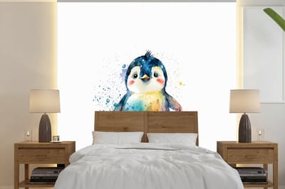 Behang - Fotobehang Pinguïn - Regenboog - Waterverf - Dieren - Kinderen - Breedte 240 cm x hoogte 240 cm