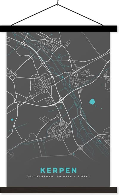Posterhanger incl. Poster 40x60 cm - Schoolplaat - Duitsland – Blauw – Kerpen – Stadskaart – Kaart – Plattegrond - Textielposter - Zwarte latten - Stadskaart