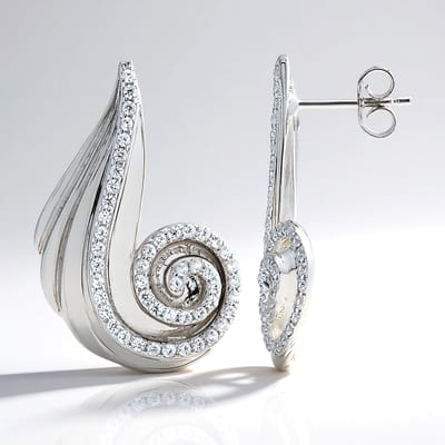 Cavill - Zilveren oorbellen - 925 Sterling zilver geplatineerd - 98 Cambodjaanse zirkonen 1,067 ct - Elegant spiraal ontwerp 27 mm kliksluiting
