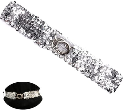 Dames Elastische Riem met Gesp en Sequins Afwerking voor Mode en Feestelijke Gelegenheden, Zilverkleurig Accessoire voor Jurken en Casual Outfits