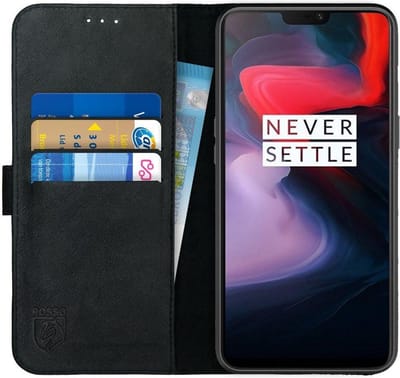 Rosso Deluxe Echt Leer Book Case Hoesje Geschikt voor OnePlus 6 | Ruimte voor drie pasjes | Portemonnee Book Case | Met Pasjeshouder | Zwart