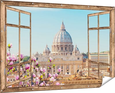 Gards Tuinposter Doorkijk Sint Pietersbasiliek in Rome met Bloemen - 180x120 cm - Tuindoek - Tuindecoratie - Wanddecoratie buiten - Tuinschilderij