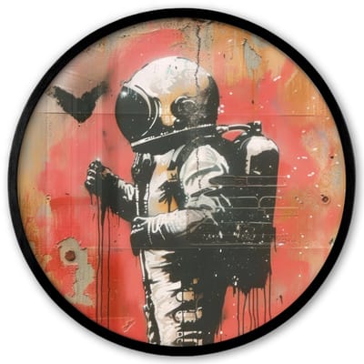 Poster in lijst Rond - Fotolijst 40x40 cm - Posters - Graffiti - Astronaut - Street art - Ruimte - Ronde posterlijst zwart - Decoratie - Wanddecoratie woonkamer - Muurdecoratie slaapkamer