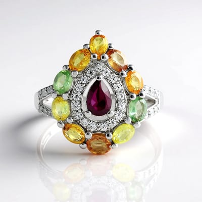 Cavill - Zilveren ring met rhodoliet & saffier 2,82 ct - 925 Sterling Zilver platina - Peervormig & ovale geslepen - Elegante damesring