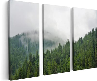 Artaza Canvas Schilderij Drieluik Groen Bos Met Bomen Tijdens De Mist - 120x80 cm - Wanddecoratie Woonkamer - Schilderijen - Muurdecoratie