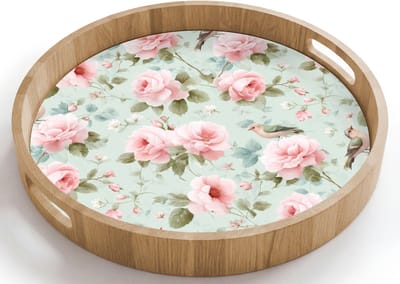 Dienblad rond 40x40 cm - Schootdienblad hout - Rozen - Vogels - Pastel - Kleurrijk - Borrelplank rechthoek - Plateau houten dienbladen
