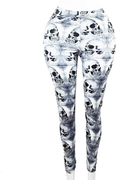 BamBella ® - Legging - Maat S/M - Skull broek Gothic print wit zwart skulls doodshoofd kort grijs