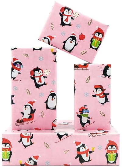 Dailygoody - Kerstpinguïn cadeaupapier - Roze inpakpapier - 4 vellen 50 x 70 cm - Perfect voor kerstcadeaus - Vrolijk en schattig ontwerp - Geschikt v...