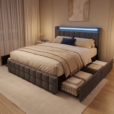 Gestoffeerd Opbergbed 160x200 cm met 4 lades - Tweepersoonsbed met LED en USB - Hoofdbord met opbergruimte - Linnen - Modern - Grijs